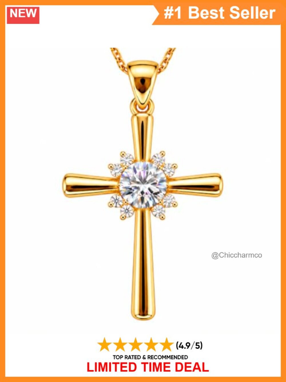 Moissanite Cross Necklace 18K Gold Plated 925 Sterling Silver